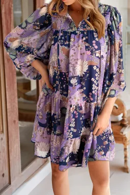 紫色复古雏菊花卉泡泡袖荷叶边短连衣裙