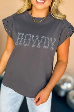 深灰色水钻 HOWDY 图案铆钉袖 T 恤