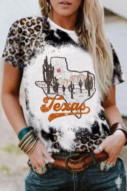 豹纹漂白扎染德克萨斯日落图案 T 恤