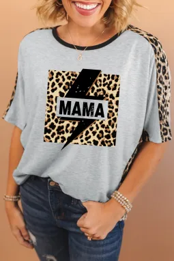灰色 MAMA 闪电图案豹纹蝙蝠袖 T 恤