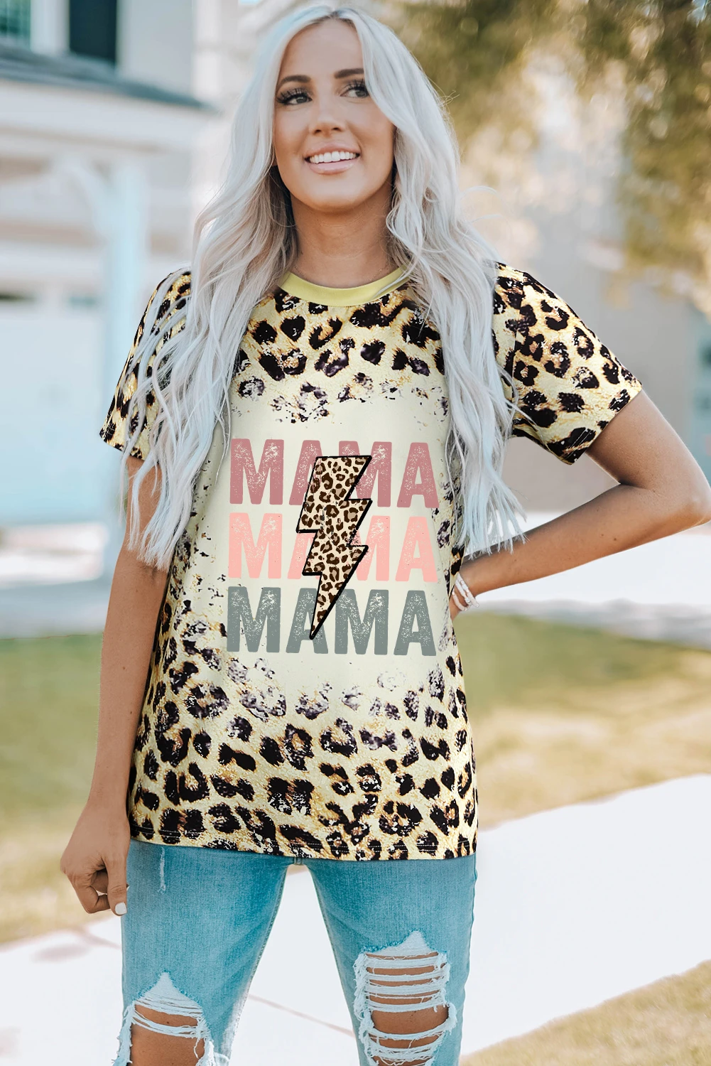 豹纹漂白闪电 MAMA 图案 T 恤 LC25219744