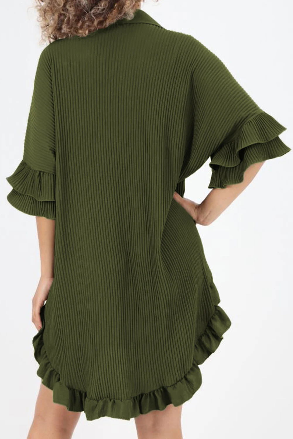 苔绿色高低下摆荷叶袖百褶衬衫连衣裙 LC6119099