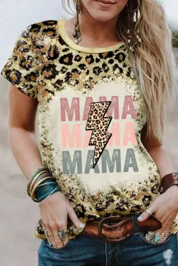 豹纹漂白闪电 MAMA 图案 T 恤