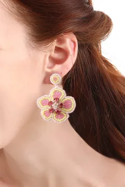 杏粉色波西米亚串珠花卉宝石耳环