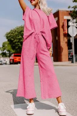 草莓粉色纹理宽松T恤+抽绳裤套装