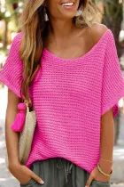 粉色纯色宽松针织短蝙蝠袖毛衣