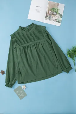 绿色纯色立领荷叶边泡泡袖衬衫