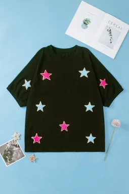 黑色亮片雪尼尔星星图案大码 T 恤