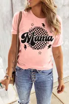 粉色 Mama 格纹印花圆领 T 恤