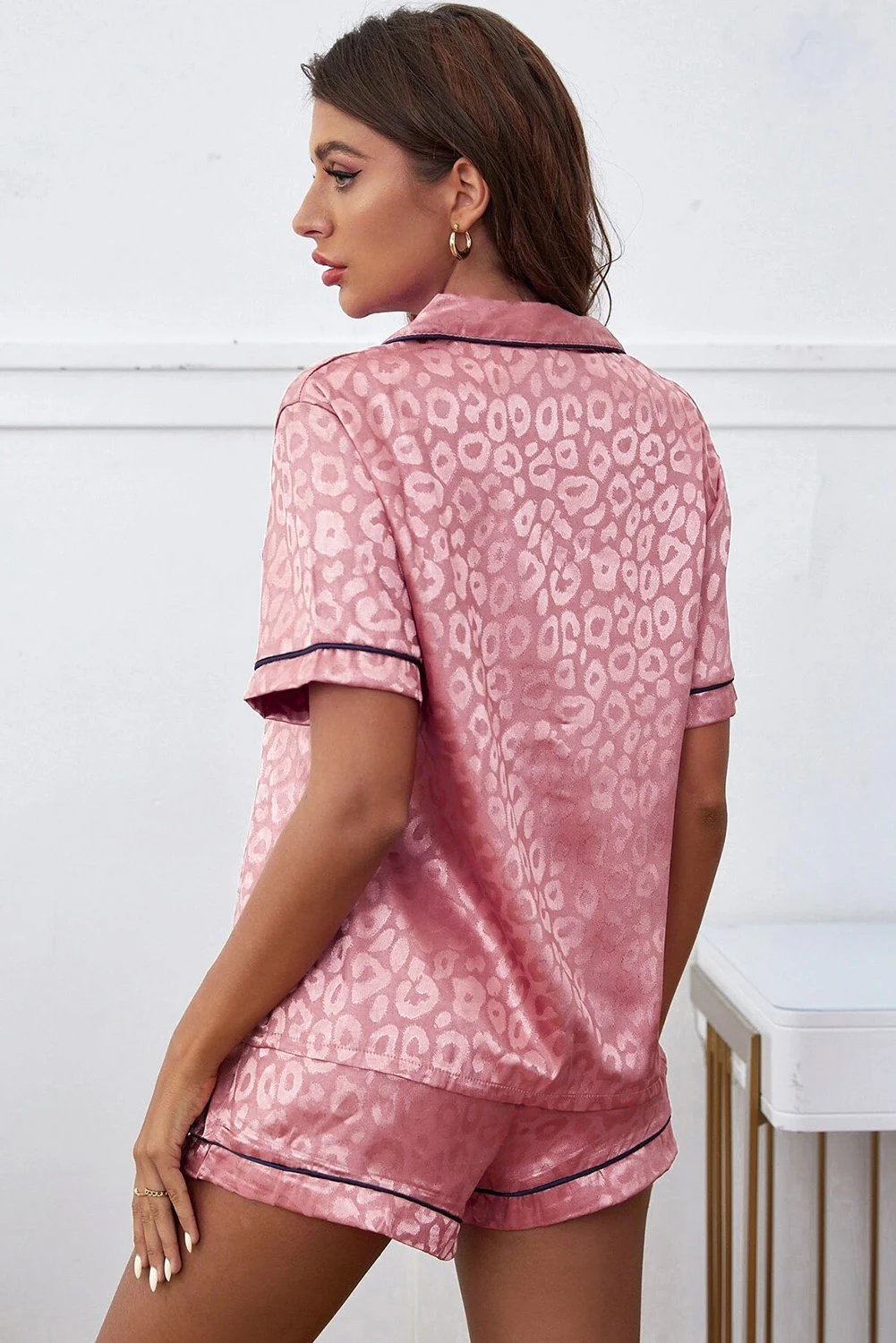 粉红豹纹撞色缎面短睡衣套装 2 件 LC625839
