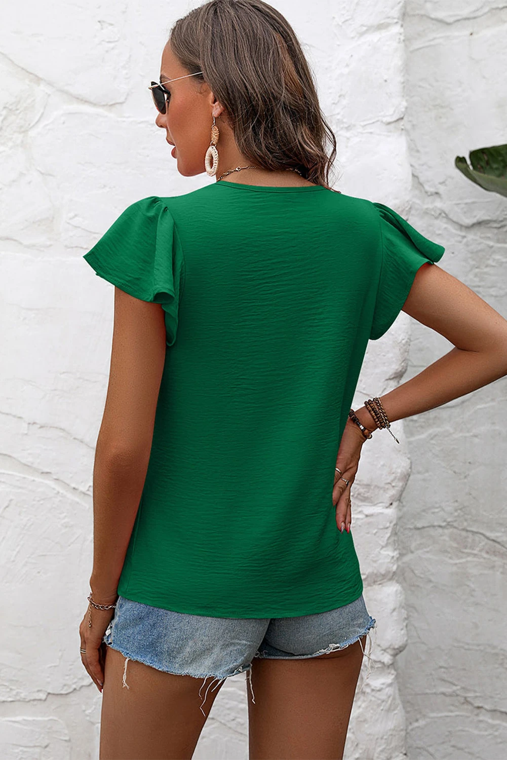 深绿色纯色纹理褶裥飘袖衬衫 LC25125918