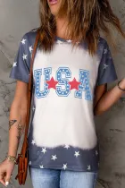 蓝色 USA 星星漂白印花圆领 T 恤