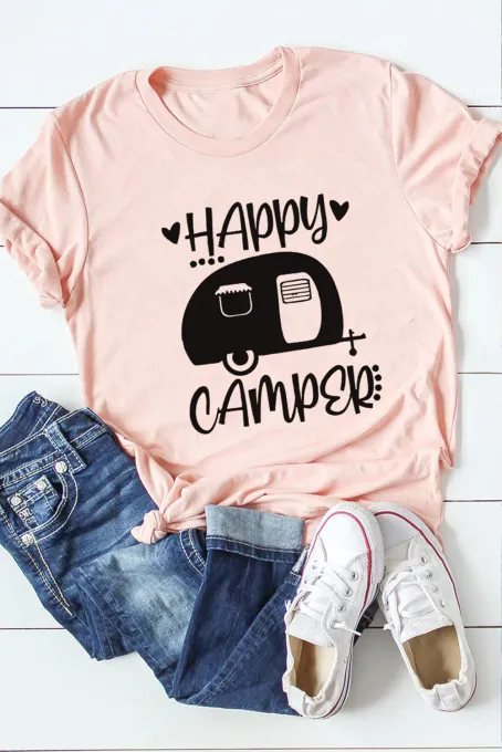 粉色 HAPPY CAMPER 图案 T 恤