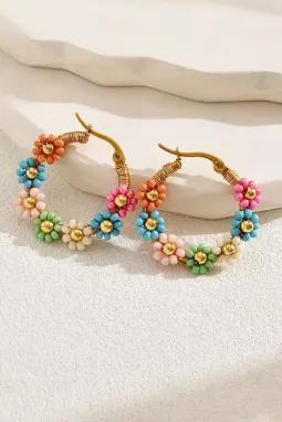 粉色七彩花朵圈形耳环