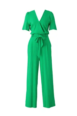 亮绿色围裹式 V 领腰带优雅连身裤