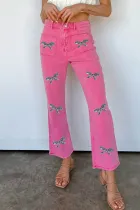 粉色亮片蝴蝶结原边高腰喇叭裤