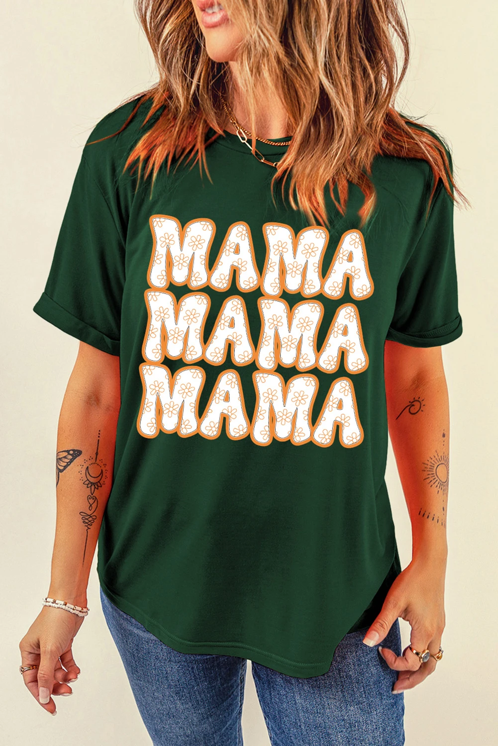 绿色 MAMA 花卉标语印花圆领 T 恤 LC25225446