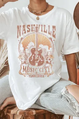 白色复古 NASHVILLE 音乐吉他圆领图案 T 恤