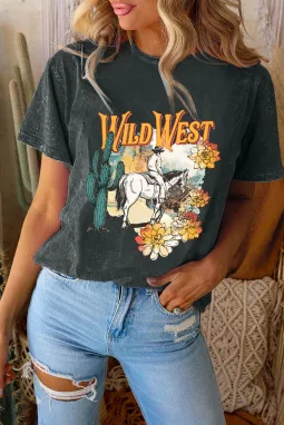 黑色 Wild West 西部图案印花矿洗 T 恤