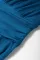 孔雀蓝色短袖平行绉缝高腰 V 领超长连衣裙
