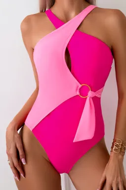 粉色两色拼色交叉领镂空连体泳装