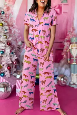 粉色猎豹印花短袖衬衫和裤子休闲套装