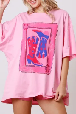 粉色女牛仔靴卡西部图案 T 恤