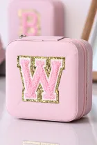 粉色闪粉雪尼尔字母 W 首饰盒带镜子