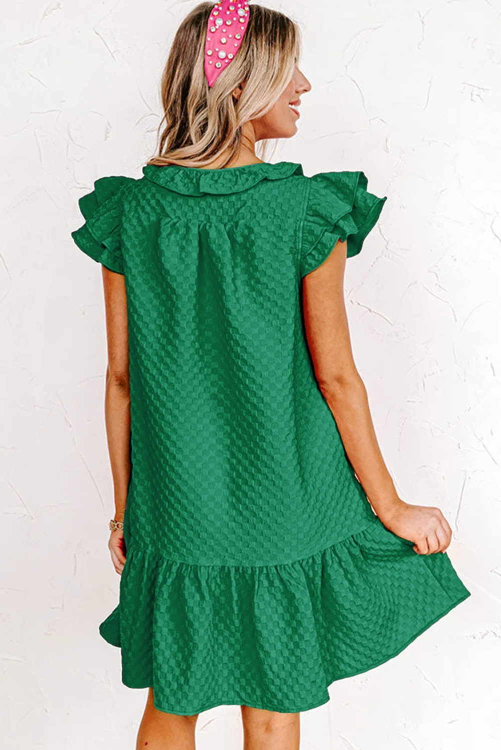 墨绿色荷叶边纹理直筒连衣裙 LC6119980