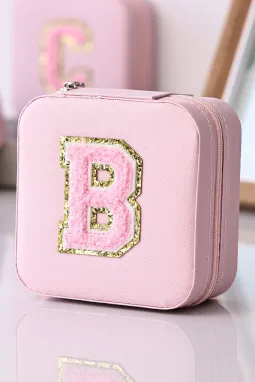 浅粉色雪尼尔 B 图案便携式带镜子首饰盒