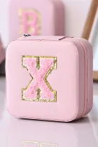 粉色雪尼尔 X 图案带镜子首饰盒