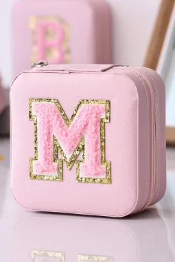 粉色首字母 M 雪尼尔方形首饰盒