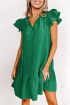 墨绿色荷叶边纹理直筒连衣裙