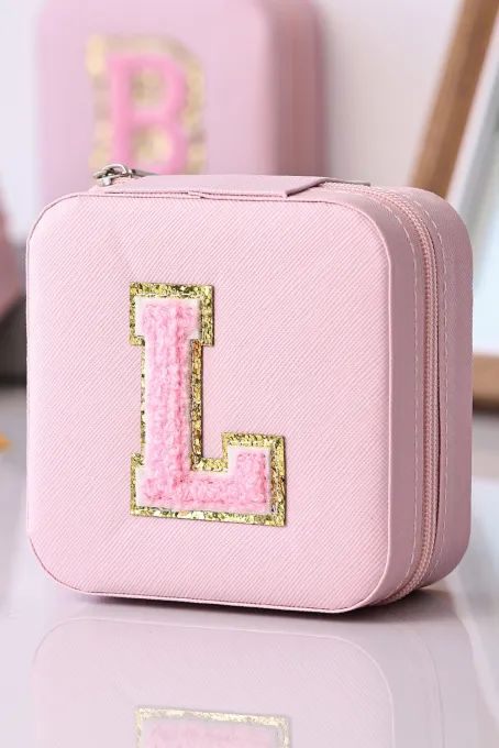 粉色雪尼尔首字母 L 便携式首饰盒