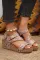 浅法式米色花卉印花镂空系带坡跟凉鞋