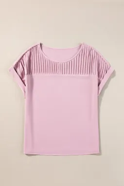 浅粉色纯色褶皱贴片圆领 T 恤