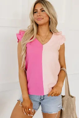 粉色纹理色块分层荷叶边袖衬衫