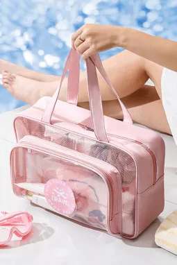 粉色防水多口袋透明旅行化妆包