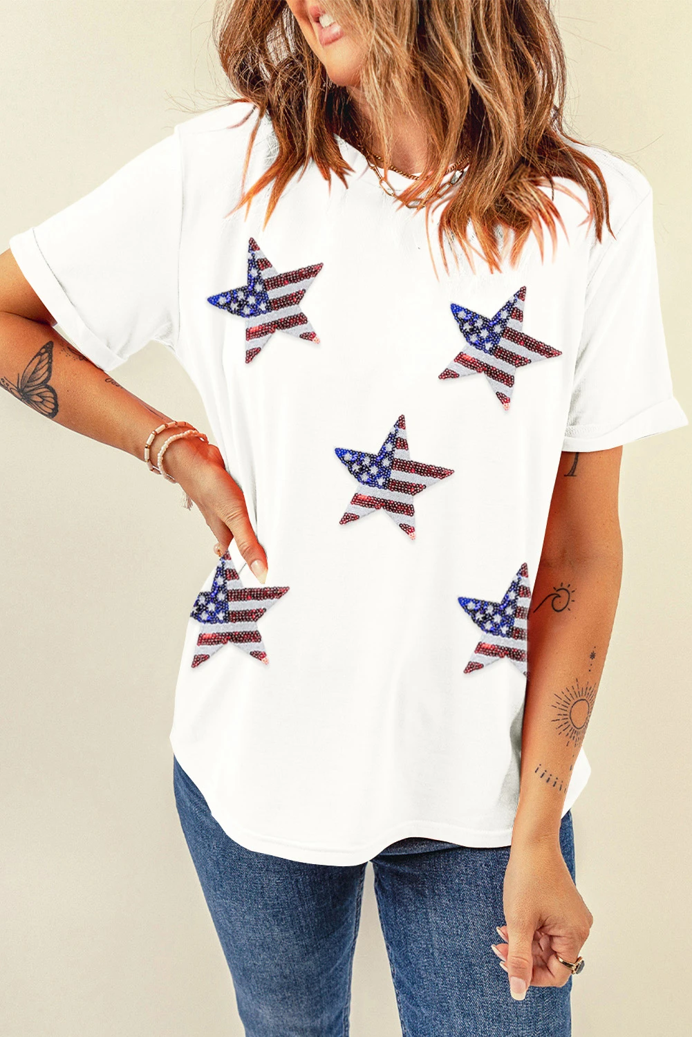 白色亮片美国国旗星星图案 T 恤 LC25225014