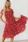 红色波西米亚花朵抽褶方领分层中长花卉连衣裙
