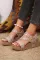 浅法式米色花卉印花镂空系带坡跟凉鞋