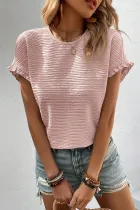 浅粉色纯色纹理荷叶边短袖衬衫