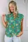 绿色蕾丝饰边飘袖热带花卉衬衫