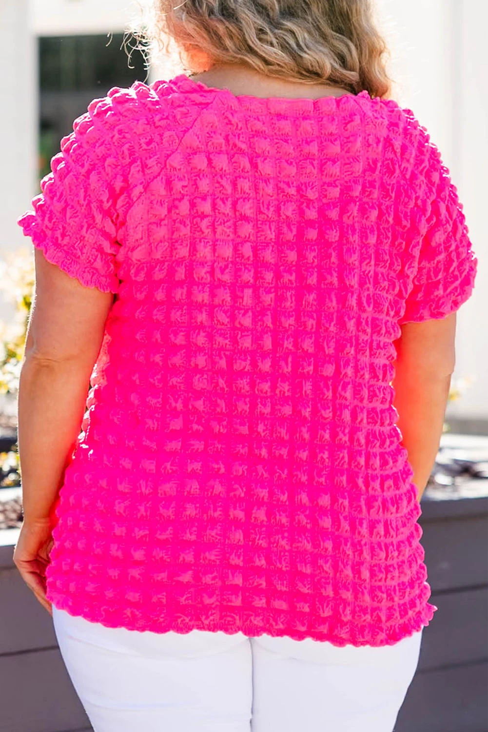 草莓粉色泡泡纹理方领短袖大码上衣 LC25314822