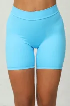 天蓝色纯色褶皱提臀高腰运动短裤