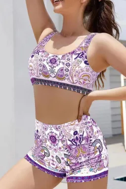 紫色波西米亚风佩斯利印花背心短裤泳衣