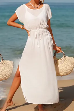 白色飘逸抽绳侧开叉沙滩连衣裙