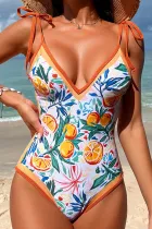 橙色水果植物印花系带 V 领连体泳衣