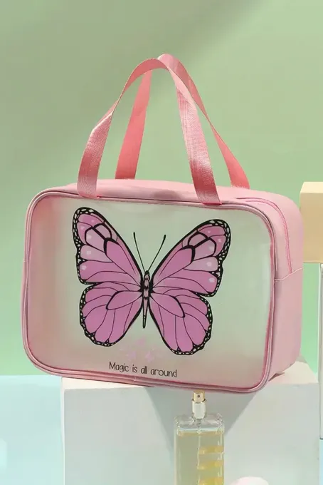粉色蝴蝶印花收纳化妆袋