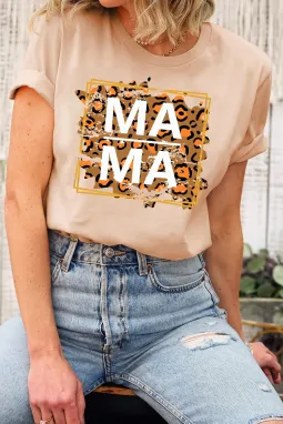 卡其色 MAMA 豹纹图案 T 恤